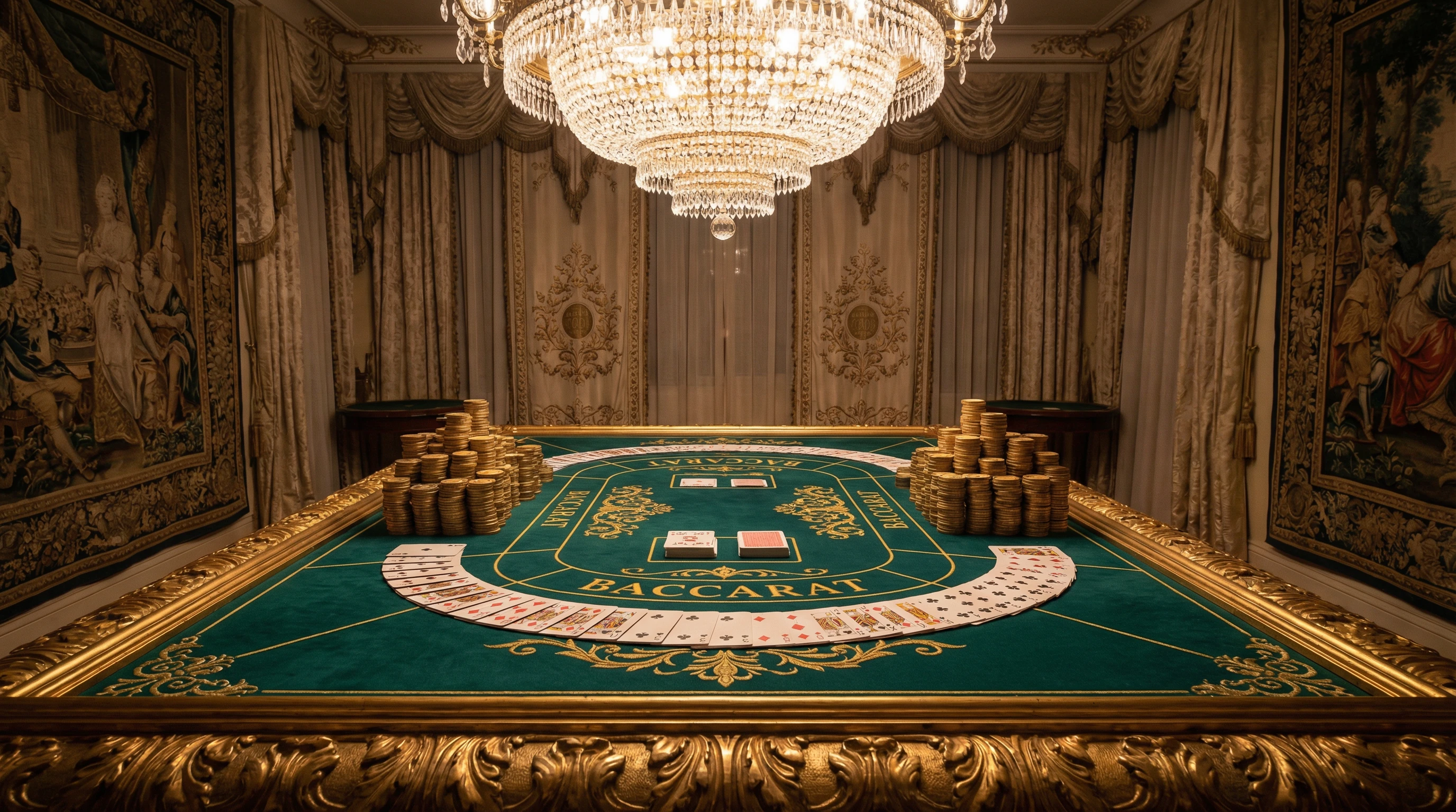 Mesa de bacará elegante con fichas doradas y cartas en ambiente VIP de palacio
