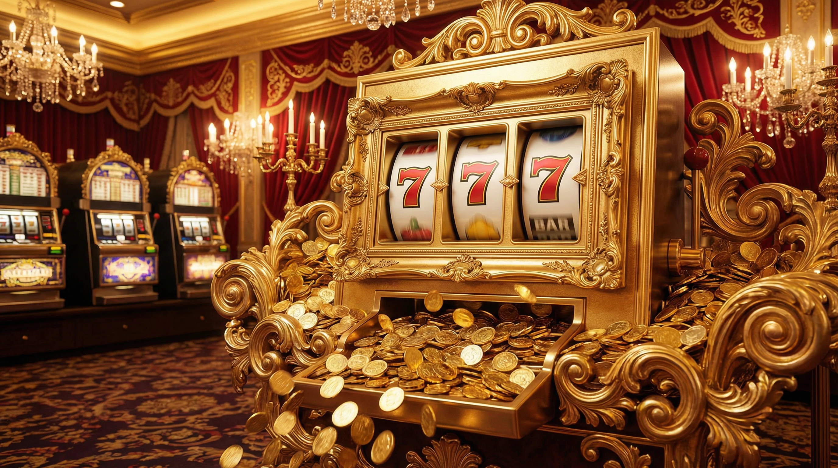 Tragamonedas con jackpot mostrando símbolos 777 ganadores en ambiente de palacio dorado